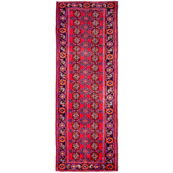 Ferdos Persian Rug 10'8" x 3'7" - Semi Antique Geometric Red, Beige Hand Knotted | front view | SKU 112853