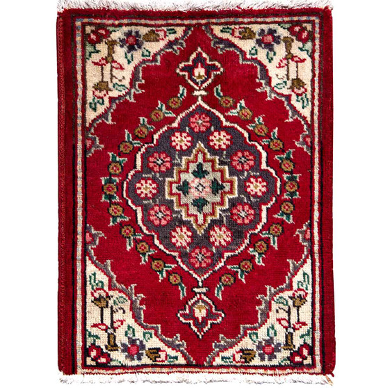 Tabriz Persian Rug 2x1 ft - Semi Antique Shah Abbasi, Medallion (Toranj) Red, Cream, Navy Blue Hand Knotted | front view | SKU 112854