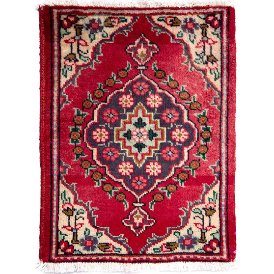 Tabriz Persian Rug 2x1 ft - Semi Antique Shah Abbasi, Medallion (Toranj) Madder Red, Cream, Navy Blue Hand Knotted | front view | SKU 112855