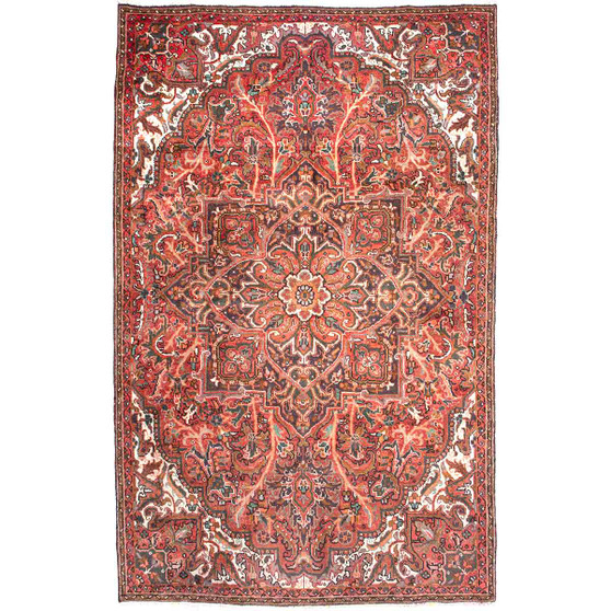Heriz Persian Rug 9x5 ft - Semi Antique Medallion Red, Brown Hand Knotted | front view | SKU 112856