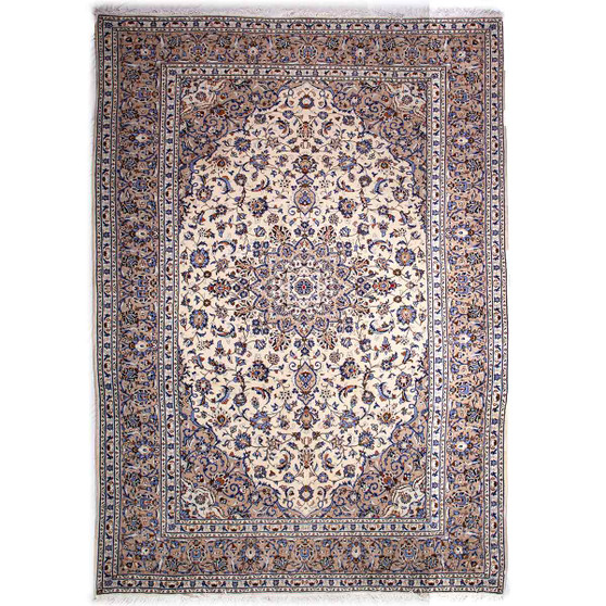Kashan Persian Rug 11x8 ft - Semi Antique Medallion Crimson, Navy Blue Hand Knotted | front view | SKU 112857