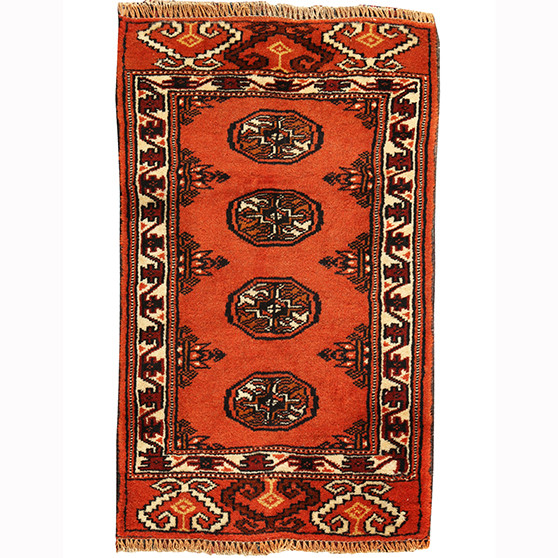 Turkmen Persian Rug 2x1 ft - Semi Antique Geometric, Turkmen Gul Rust Red, Crimson, Cream Hand Knotted | front view | SKU 110138