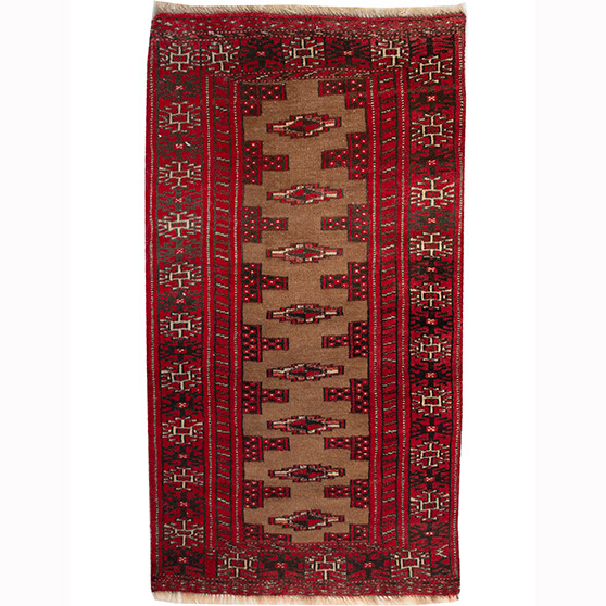 Turkmen Persian Rug 3'7" x 1'12" - Semi Antique Geometric Crimson, Navy Blue Hand Knotted | front view | SKU 110139