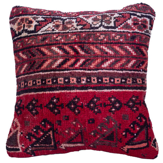 Shiraz Persian Rug 1x1 ft - Semi Antique Moharramat Striped Geometric Madder Red Dark Red Burgundy Hand Knotted | front view | SKU 113021