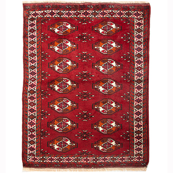 Turkmen Persian Rug 4'3" x 2'11" - Semi Antique Geometric Crimson, Navy Blue Hand Knotted | front view | SKU 110141