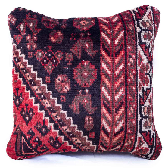 Shiraz Persian Rug 1x1 ft - Semi Antique Geometric, Tribal and Nomadic Burgundy, Black, Madder Red Hand Knotted | front view | SKU 113037