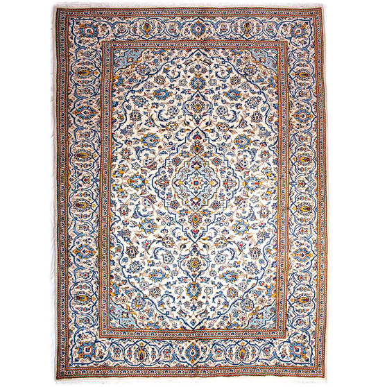 Kashan Persian Rug 11x8 ft - Semi Antique Medallion Crimson, Navy Blue Hand Knotted | front view | SKU 112901