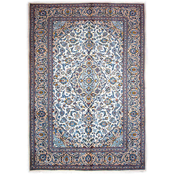 Kashan Persian Rug 11x7 ft - Semi Antique Medallion (Toranj), Shah Abbasi Cream, Navy Blue, Persian Blue Hand Knotted | front view | SKU 112902