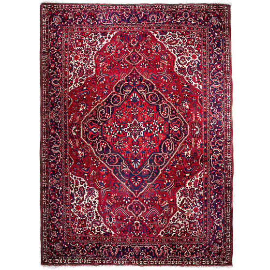 Bakhtiari Persian Rug 14'1" x 10'2" - Semi Antique Medallion Blue, Crimson Hand Knotted | front view | SKU 112904