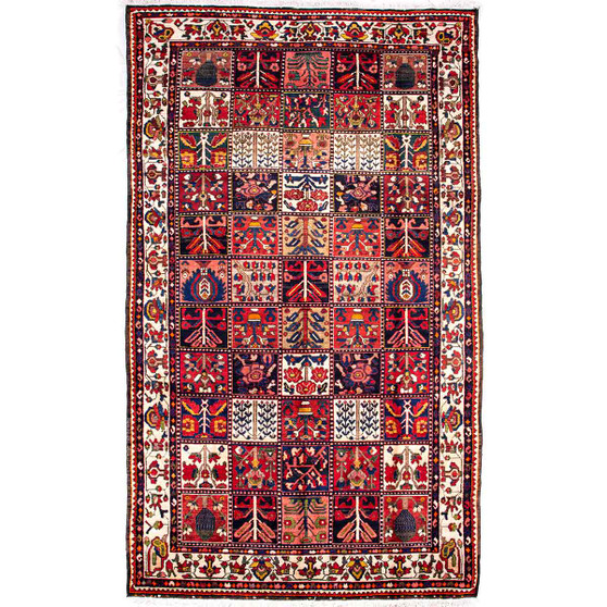 Bakhtiari Persian Rug 10'8" x 5'11" - Semi Antique Medallion Blue, Crimson Hand Knotted | front view | SKU 112905