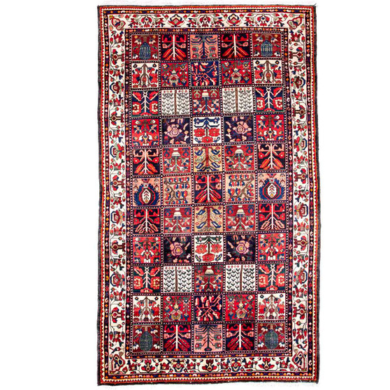 Bakhtiari Persian Rug 10'10" x 5'11" - Semi Antique Medallion Blue, Crimson Hand Knotted | front view | SKU 112906