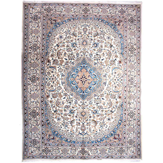 Tabas Persian Rug 13'5" x 9'4" - Semi Antique Medallion White, Blue Hand Knotted | front view | SKU 112907