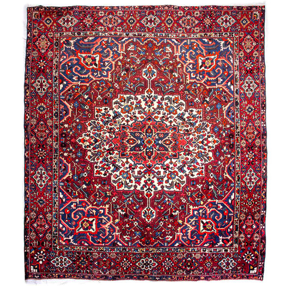 Bakhtiari Persian Rug 11x10 ft - Semi Antique Medallion (Toranj), Geometric Madder Red, Navy Blue, Cream Hand Knotted | front view | SKU 112908