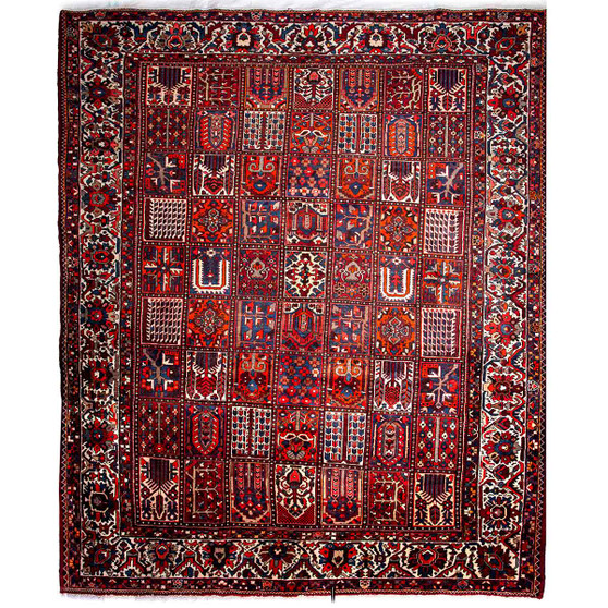 Bakhtiari Persian Rug 12x10 ft - Semi Antique Kheshti (Garden), Geometric Madder Red, Navy Blue, Cream Hand Knotted | front view | SKU 112911