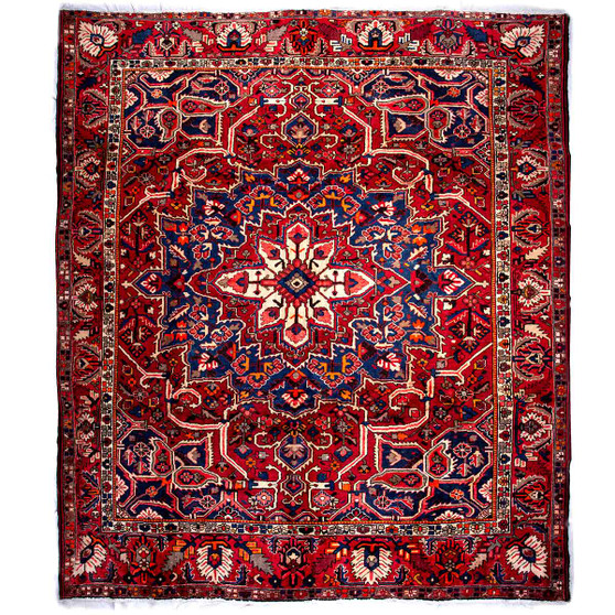 Bakhtiari Persian Rug 11'12" x 10'8" - Semi Antique Medallion Blue, Crimson Hand Knotted | front view | SKU 112912