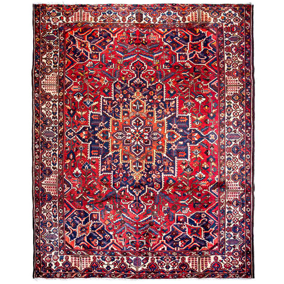 Bakhtiari Persian Rug 12x10 ft - Semi Antique Medallion (Toranj), Herati (Mahi) Madder Red, Navy Blue, Crimson Hand Knotted | front view | SKU 112914