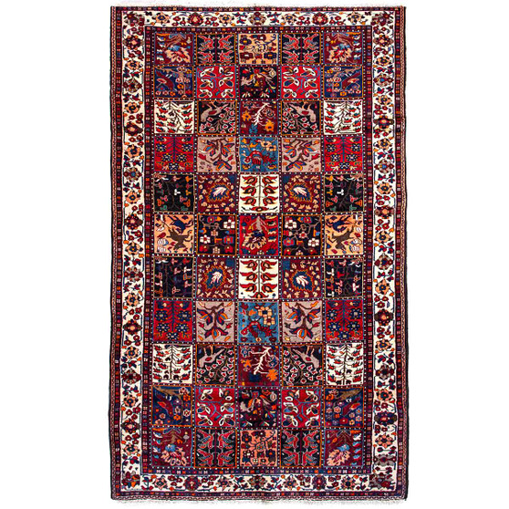 Bakhtiari Persian Rug 9x5 ft - Semi Antique Kheshti Garden, Geometric Crimson, Navy Blue, Ivory Hand Knotted | front view | SKU 112917