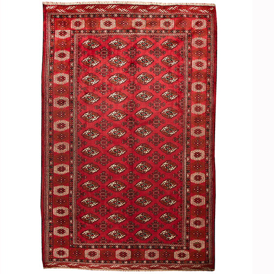Turkmen Persian Rug 12'8" x 8'9" - Semi Antique Geometric Crimson, Navy Blue Hand Knotted | front view | SKU 110144