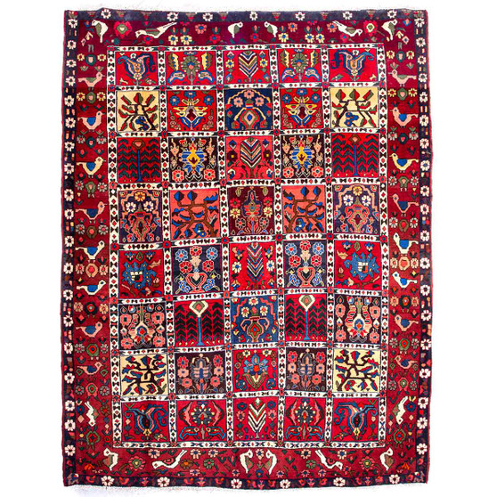 Bakhtiari Persian Rug 9'4" x 6'11" - Semi Antique Medallion Blue, Crimson Hand Knotted | front view | SKU 112920