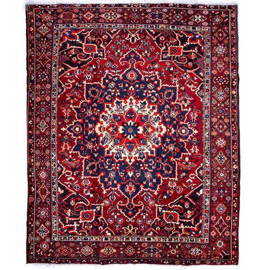 Bakhtiari Persian Rug 12x10 ft - Semi Antique Medallion (Toranj), Geometric Madder Red, Navy Blue, Crimson Hand Knotted | front view | SKU 112921