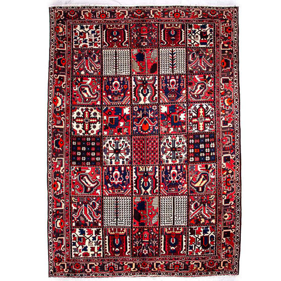 Bakhtiari Persian Rug 10x7 ft - Semi Antique Medallion Blue, Crimson Hand Knotted | front view | SKU 112925