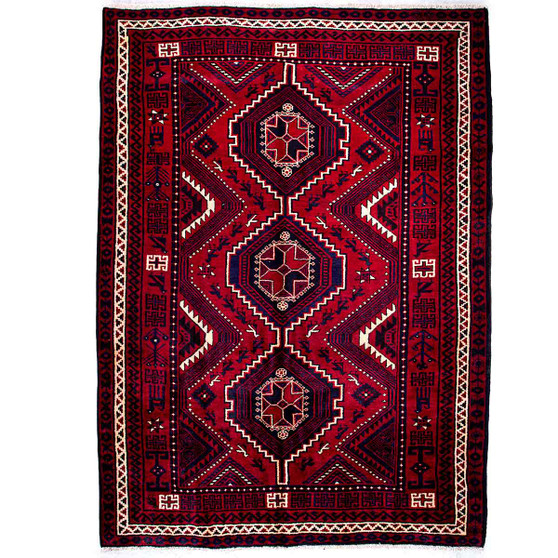 Bakhtiari Persian Rug 10x7 ft - Semi Antique Medallion Blue, Crimson Hand Knotted | front view | SKU 112926