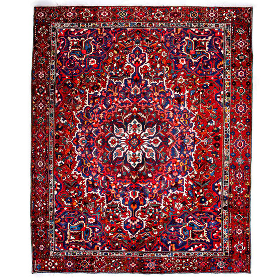 Bakhtiari Persian Rug 11'8" x 9'6" - Semi Antique Medallion Blue, Crimson Hand Knotted | front view | SKU 112927