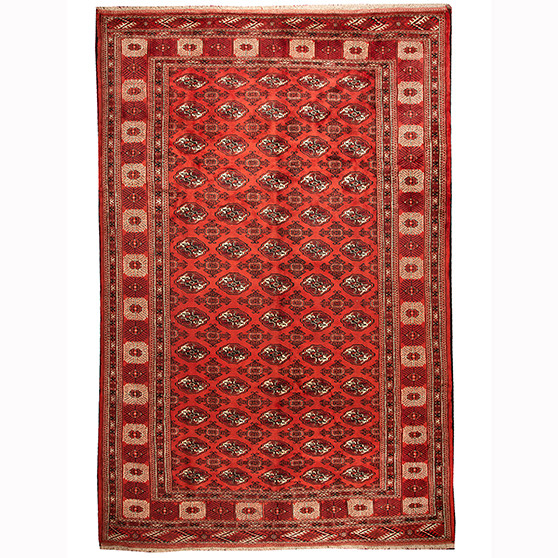 Turkmen Persian Rug 12x8 ft - Semi Antique Geometric, Turkmen Gul Madder Red, Crimson, Burgundy Hand Knotted | front view | SKU 110145