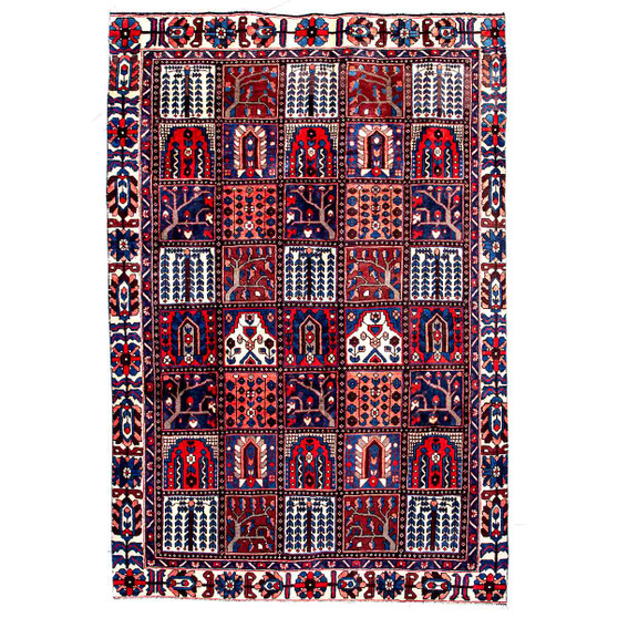 Bakhtiari Persian Rug 9'8" x 6'2" - Semi Antique Medallion Blue, Crimson Hand Knotted | front view | SKU 112929