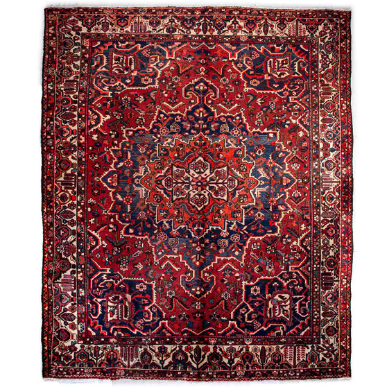 Bakhtiari Persian Rug 12x10 ft - Semi Antique Medallion Toranj Herati Mahi Madder Red Navy Blue Crimson Hand Knotted | front view | SKU 112933