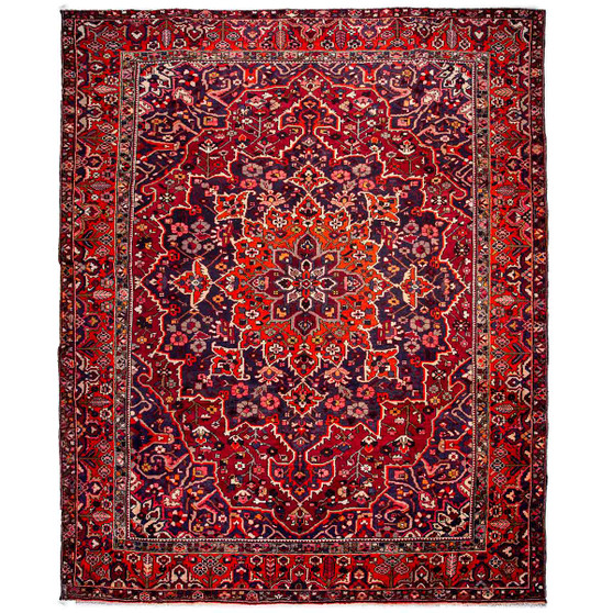 Bakhtiari Persian Rug 12x9 ft - Semi Antique Medallion Toranj Shah Abbasi Crimson Dark Red Burgundy Hand Knotted | front view | SKU 112936
