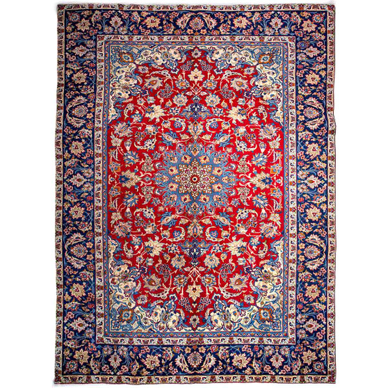 Najafabad Persian Rug 13x8 ft - Semi Antique Medallion (Toranj), Shah Abbasi Red, Navy Blue, Ivory Hand Knotted | front view | SKU 112937