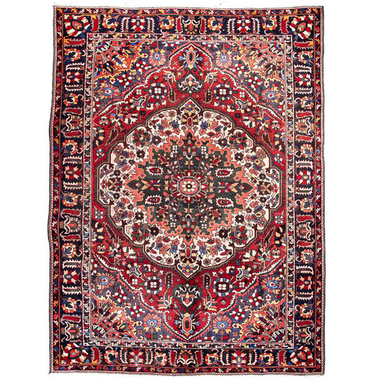 Bakhtiari Persian Rug 9x6 ft - Semi Antique Medallion Blue, Crimson Hand Knotted | front view | SKU 112938