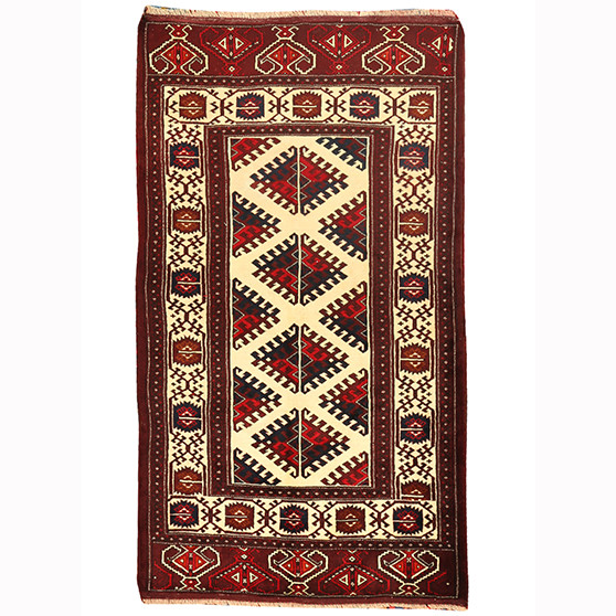 Turkmen Persian Rug 7'9" x 4'3" - Semi Antique Geometric Crimson, Navy Blue Hand Knotted | front view | SKU 110146