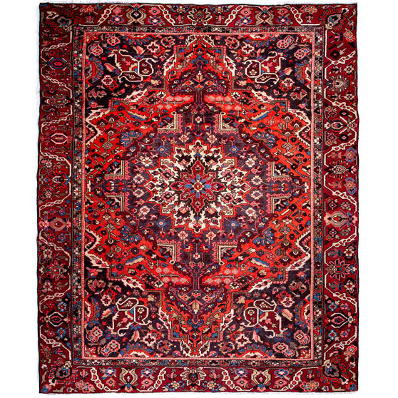 Bakhtiari Persian Rug 12x9 ft - Semi Antique Medallion (Toranj), Geometric Madder Red, Crimson, Navy Blue Hand Knotted | front view | SKU 112940