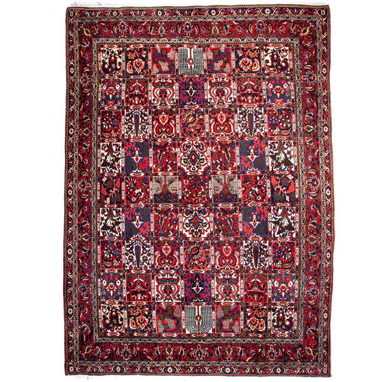 Bakhtiari Persian Rug 12'0" x 8'9" - Semi Antique Medallion Blue, Crimson Hand Knotted | front view | SKU 112942