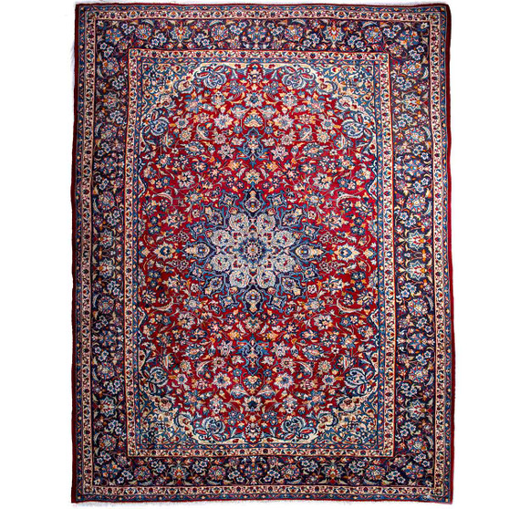 Najafabad Persian Rug 13x9 ft - Semi Antique Medallion Red, Beige Hand Knotted | front view | SKU 112944