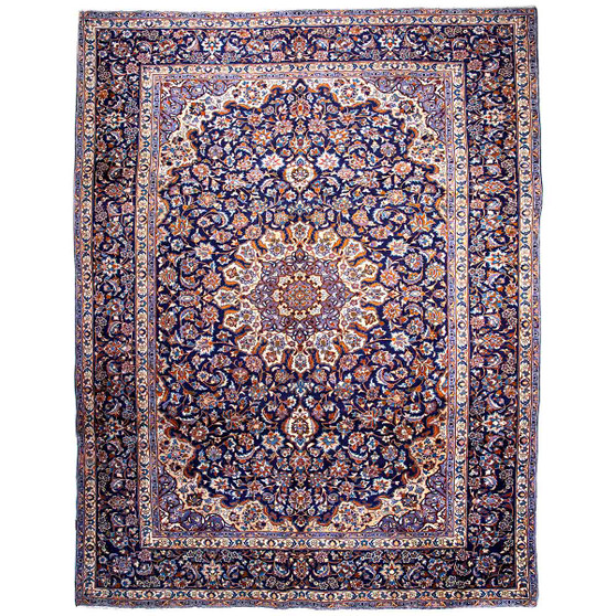 Najafabad Persian Rug 13x9 ft - Semi Antique Medallion Red, Beige Hand Knotted | front view | SKU 112945