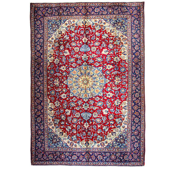 Najafabad Persian Rug 13'9" x 10'3" - Semi Antique Medallion Red, Beige Hand Knotted | front view | SKU 112946