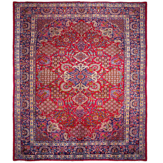 Najafabad Persian Rug 13'1" x 10'1" - Semi Antique Medallion Red, Beige Hand Knotted | front view | SKU 112947
