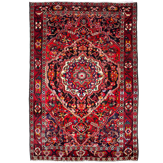 Bakhtiari Persian Rug 9x6 ft - Semi Antique Medallion (Toranj), Geometric Crimson, Dark Red, Navy Blue Hand Knotted | front view | SKU 112948