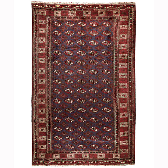 Turkmen Persian Rug 12'4" x 8'2" - Semi Antique Geometric Crimson, Navy Blue Hand Knotted | front view | SKU 110147