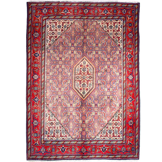 Ardabil Persian Rug 9x6 ft - Semi Antique Medallion (Toranj), Herati (Mahi) Madder Red, Cream, Ivory Hand Knotted | front view | SKU 112951