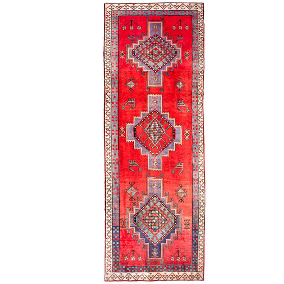 Ardabil Persian Rug 10x3 ft - Semi Antique Medallion (Toranj), Geometric Red, Turquoise, Cream Hand Knotted | front view | SKU 112952