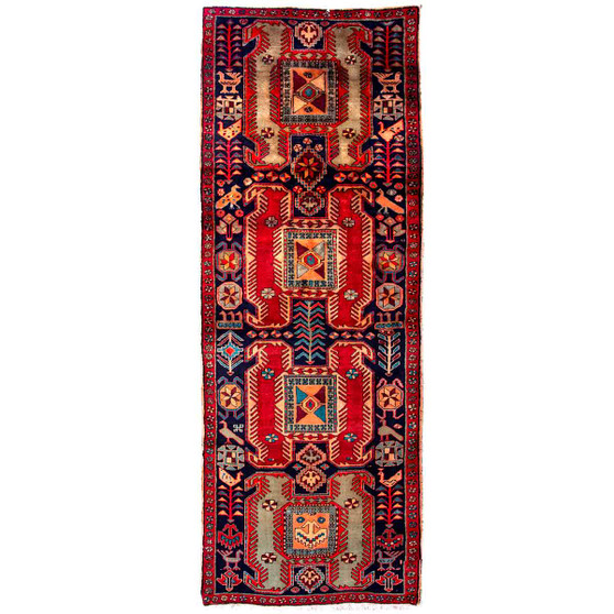 Ardabil Persian Rug 9'8" x 3'5" - Semi Antique Medallion Turquoise, White Hand Knotted | front view | SKU 112956
