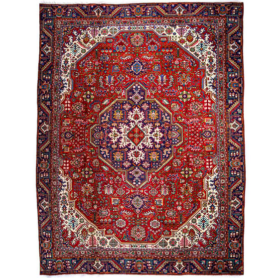 Azarshahr Persian Rug 11x8 ft - Semi Antique Medallion Toranj, Shah Abbasi Madder Red, Ivory, Navy Blue Hand Knotted | front view | SKU 112959