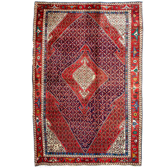 Ardabil Persian Rug 9x6 ft - Semi Antique Medallion Turquoise, White Hand Knotted | front view | SKU 112960