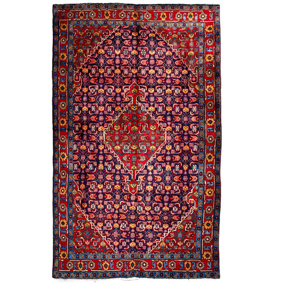Ardabil Persian Rug 10x6 ft - Semi Antique Medallion Toranj Herati Mahi Dark Red Navy Blue Burgundy Hand Knotted | front view | SKU 112961