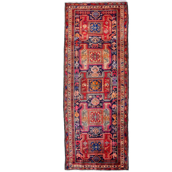 Ardabil Persian Rug 10x3 ft - Semi Antique Medallion Turquoise, White Hand Knotted | front view | SKU 112964