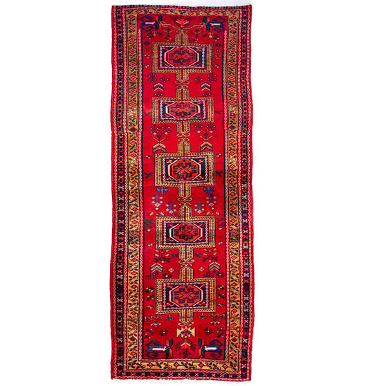 Ardabil Persian Rug 9x3 ft - Semi Antique Medallion Toranj, Geometric Madder Red, Navy Blue, Cream Hand Knotted | front view | SKU 112967